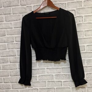 Yaya & co Black Long Sleeve crop style Blouse, low cut crossover size Small